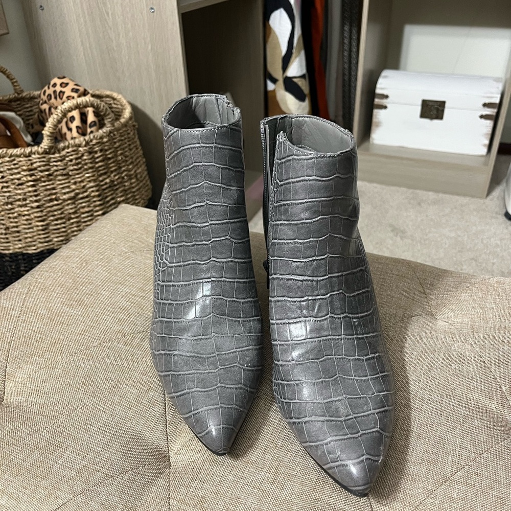 Gray Crocodile-Embossed Ankle Boots